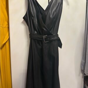 Black faux leather Dress with V-Neck Sleeveless Design